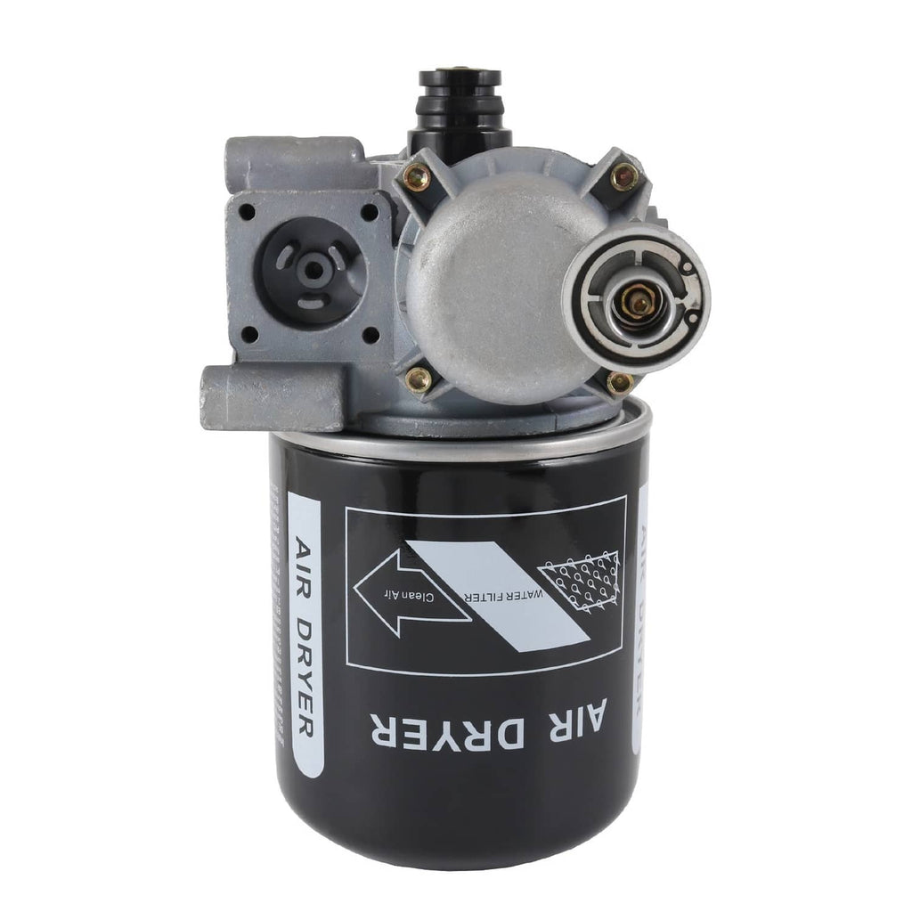 Air dryer cartridge assembly with black canister and gray end plate, front view