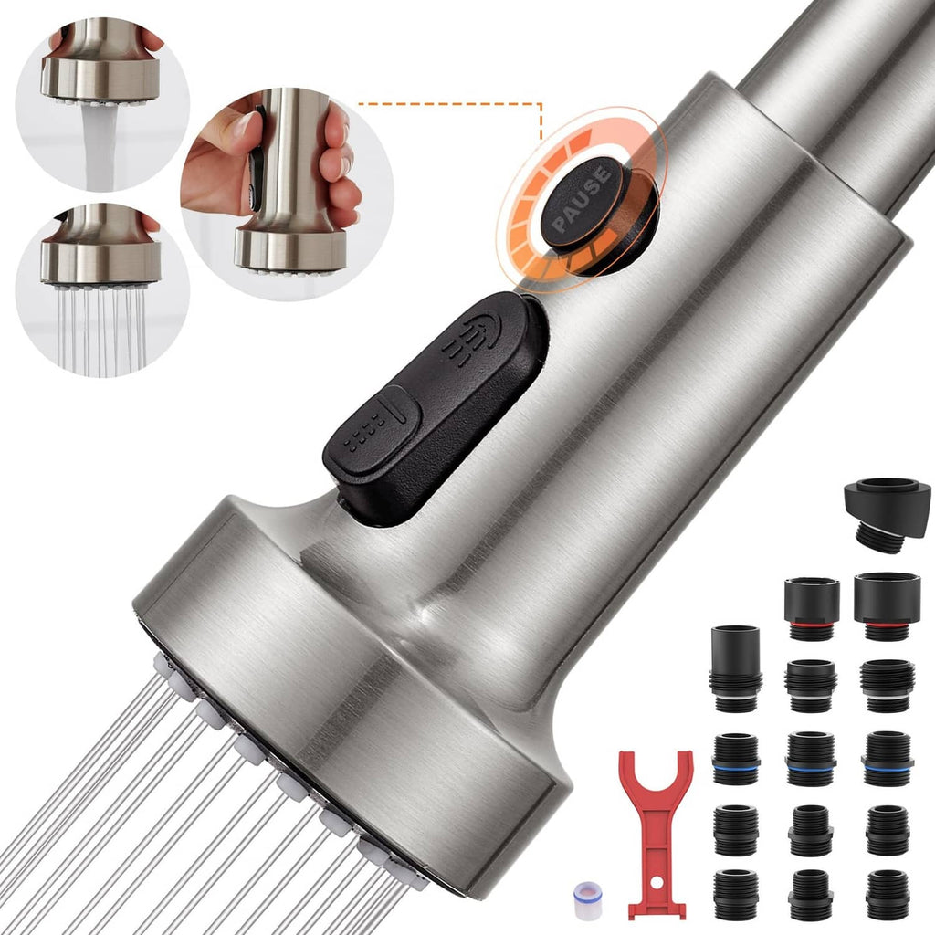 Brushed nickel pull-down faucet head with black pause button and spray nozzle