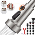 Brushed nickel pull-down faucet head with black pause button and spray nozzle