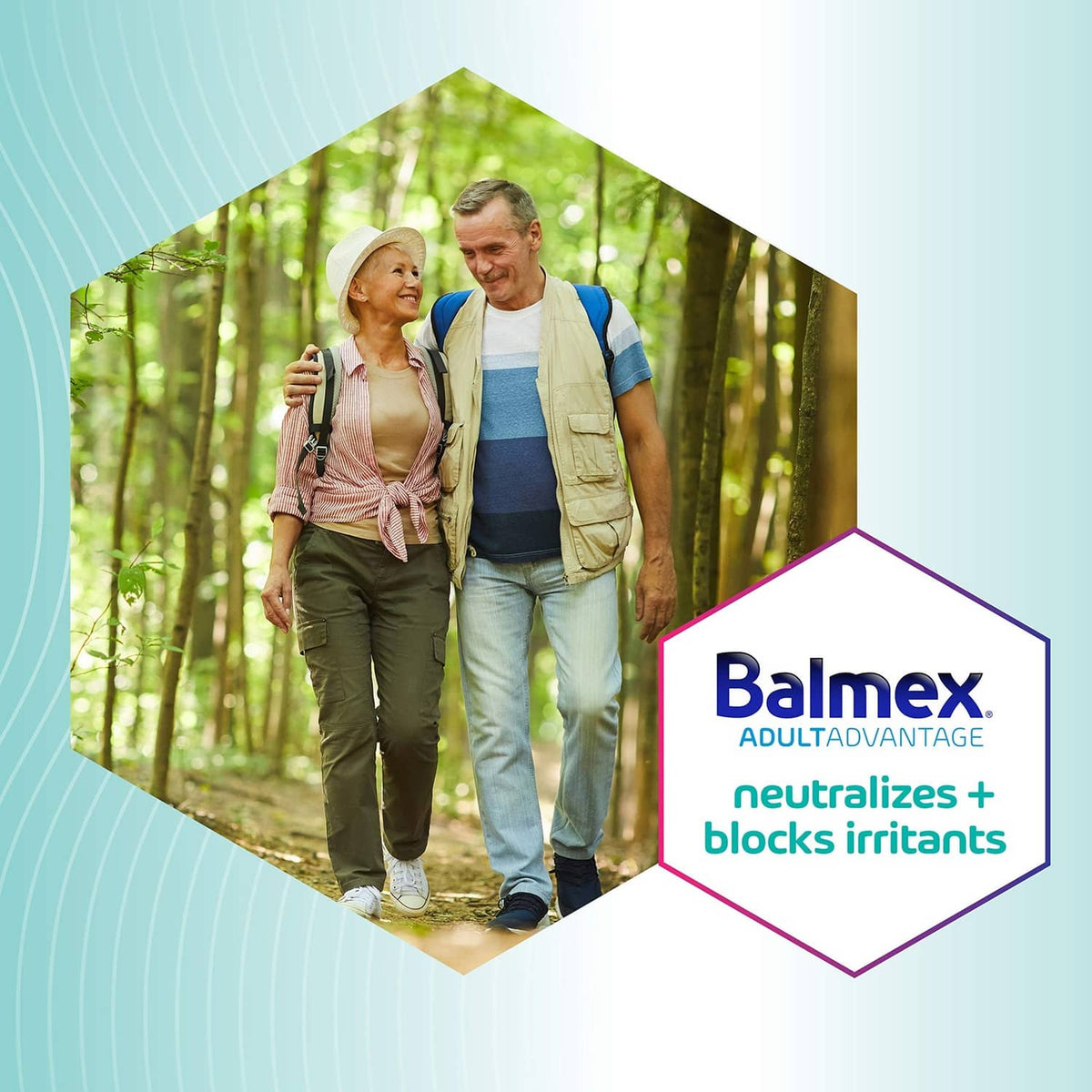Balmex AdultAdvantage claim badge: neutralizes + blocks irritants, with hiking couple