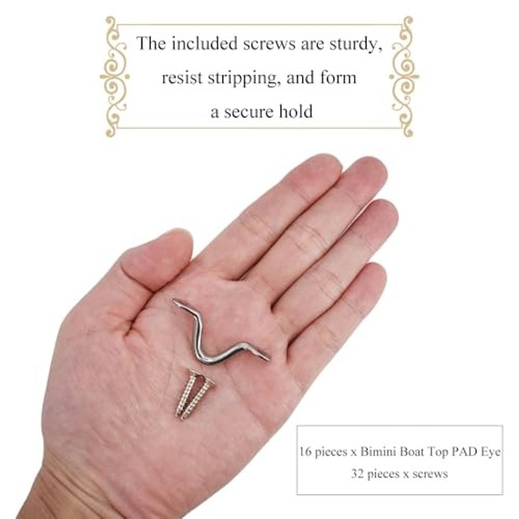 Stainless steel pad eye and screw held in hand, showing compact size