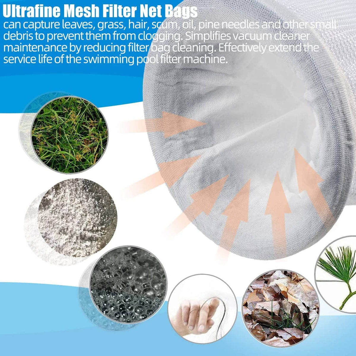 Light mesh filter net bag for pool debris, fine net sock style