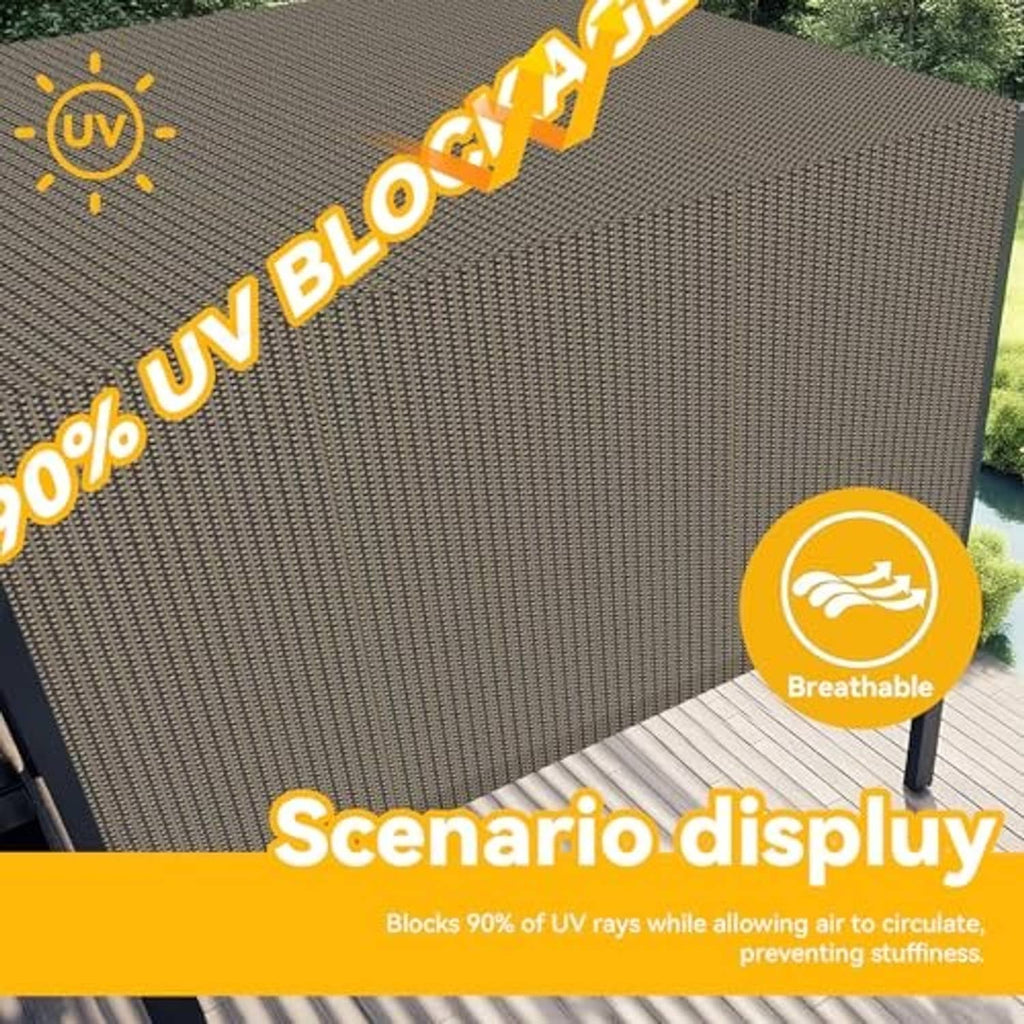 Dark brown UV-blocking pergola shade fabric panel with breathable woven texture