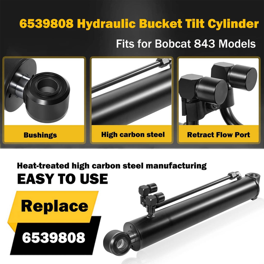 Hydraulic bucket tilt cylinder with black finish and extended rod, front end seal