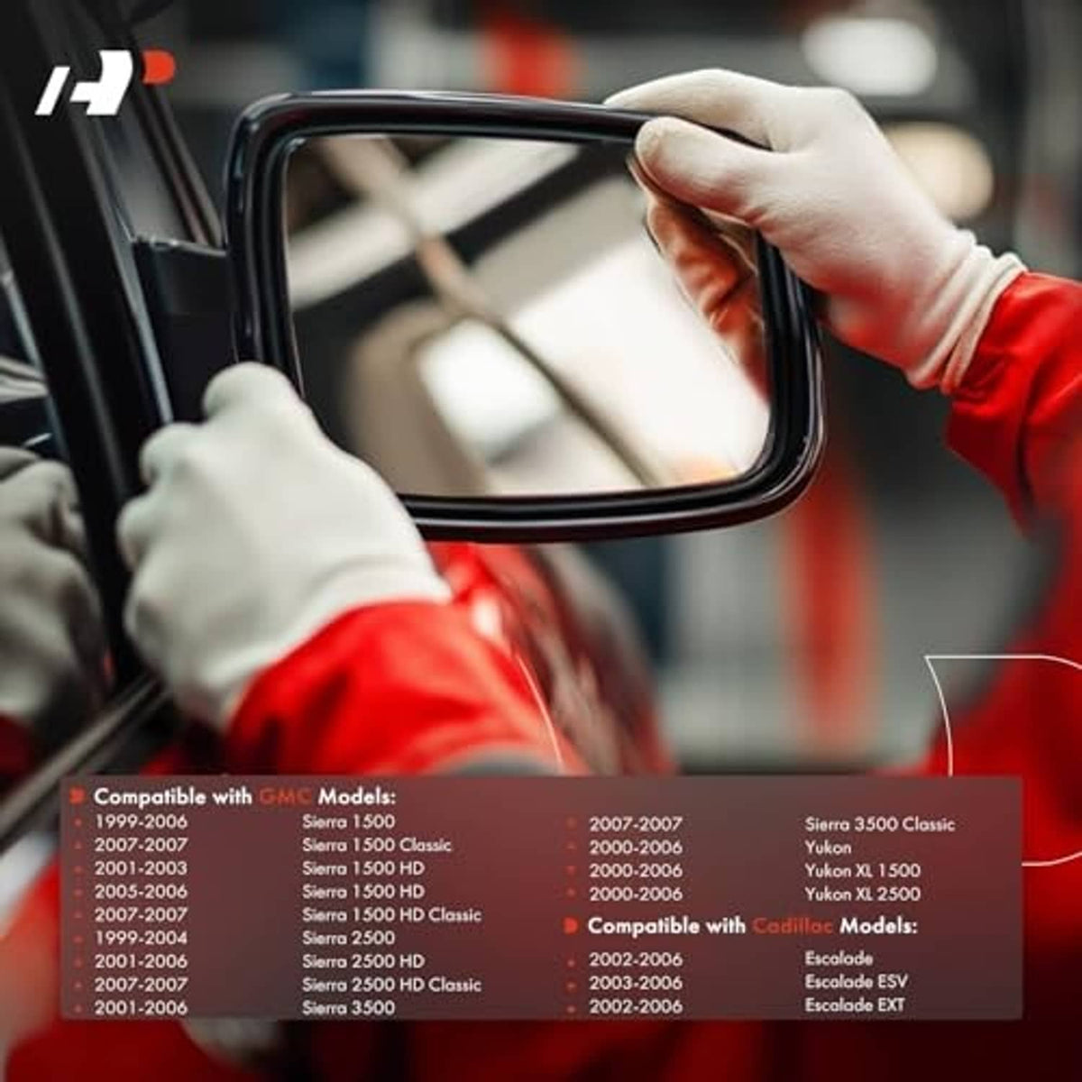 Hand holding a left side mirror glass panel with black border for manual installation