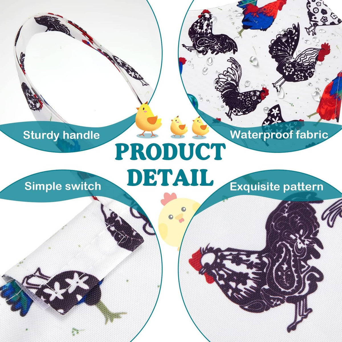 Chicken carrier tote detail, white chicken print with reinforced handles