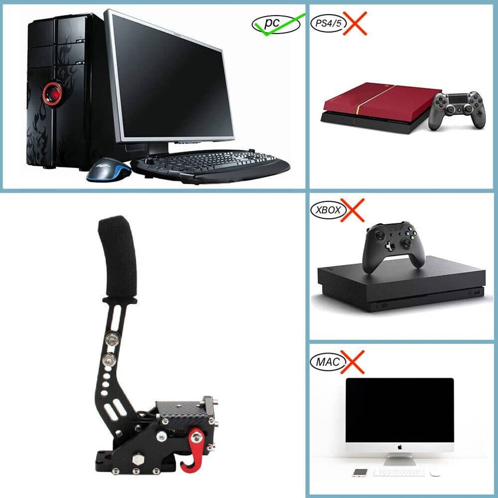 PC USB handbrake controller shown with compatible platform icons, black and red design
