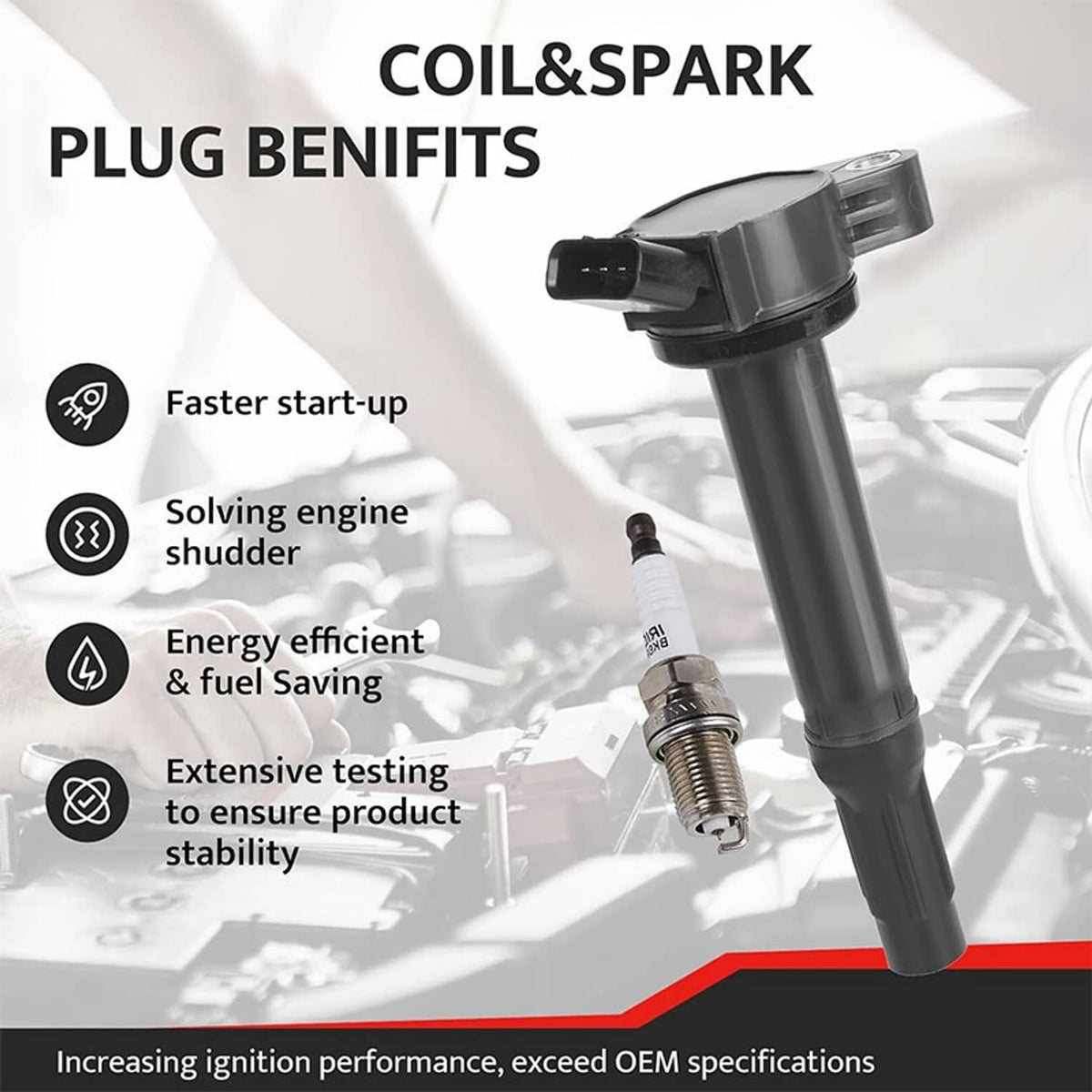 Black ignition coil with spark plug, product close-up