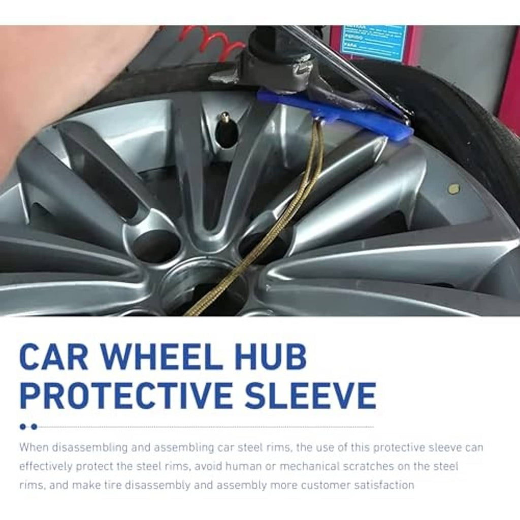 Blue car wheel hub protective sleeve on rim, secured with gold cord