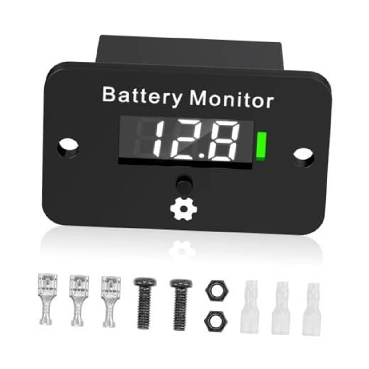 Digital battery gauge with LCD display reading 12.8V and green status indicator