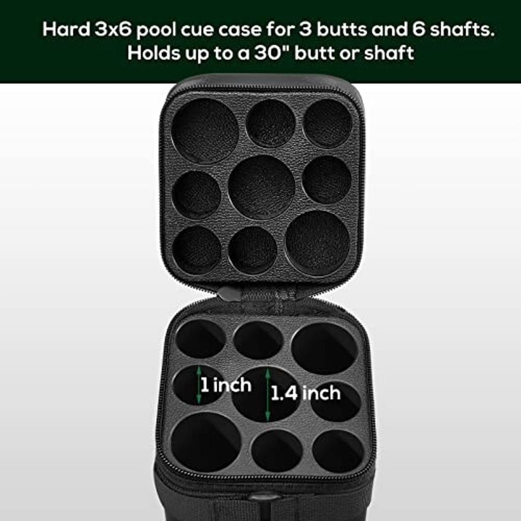 Black hard cue case open with square compartments and round foam inserts for cues
