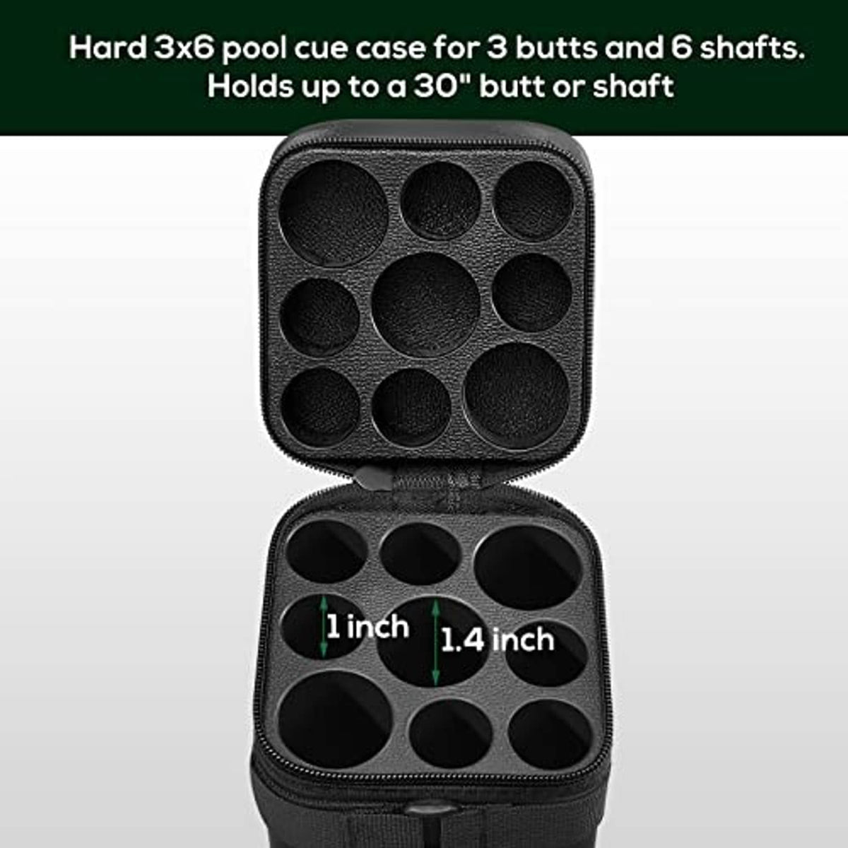 Black hard cue case open with square compartments and round foam inserts for cues