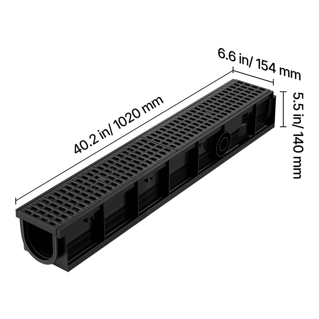 HDPE linear drainage channel, slotted grate top with side openings and curved outlet