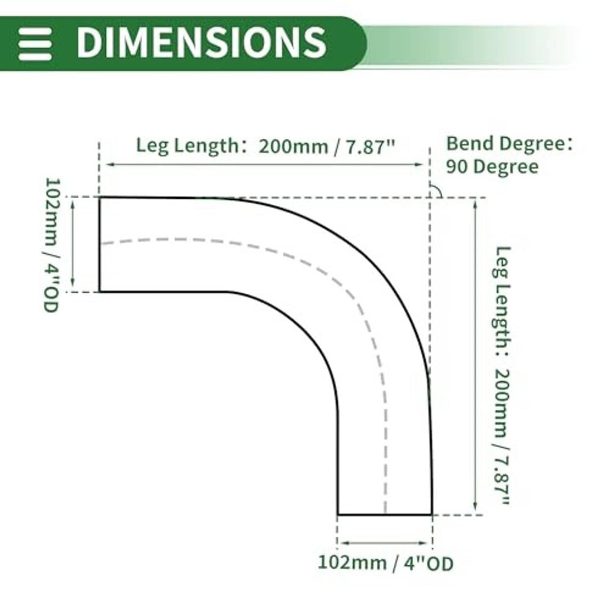 90-degree exhaust elbow pipe dimension diagram with 4 in OD and 200 mm leg length