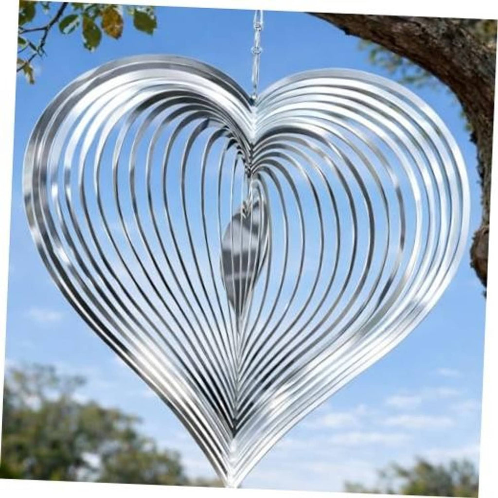 Stainless steel heart wind spinner with hanging chain loop, striped spiral design
