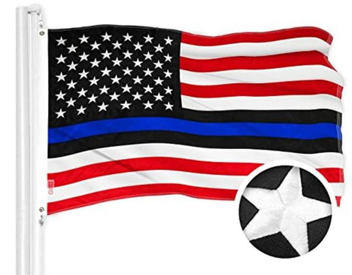 Embroidered polyester flag on a pole sleeve, stars and stripes with blue band and star icon