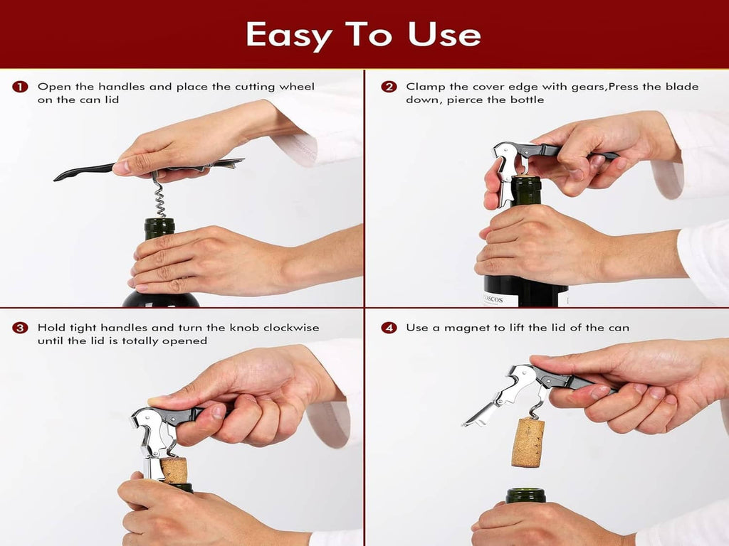 Manual can opener with black handle, white head, and magnet lid lifter