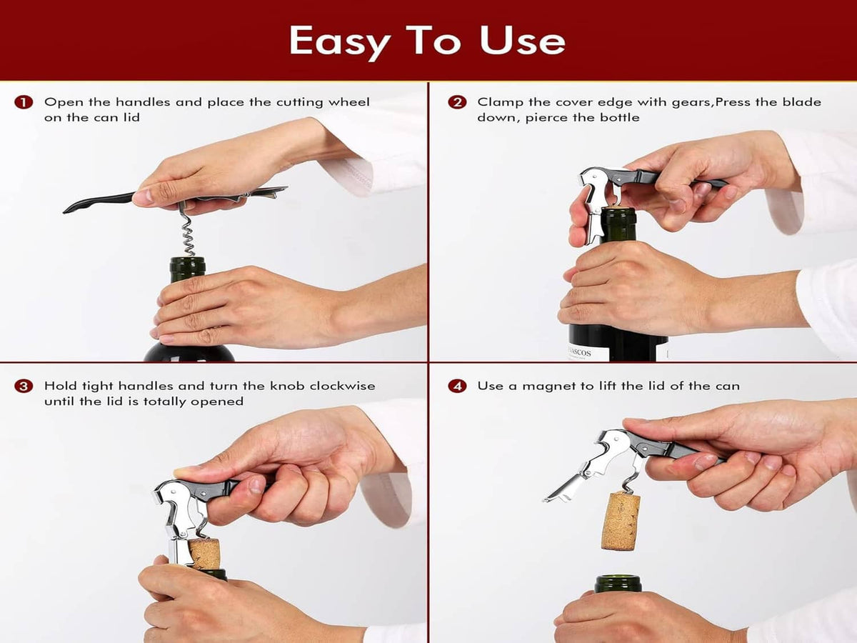 Manual can opener with black handle, white head, and magnet lid lifter