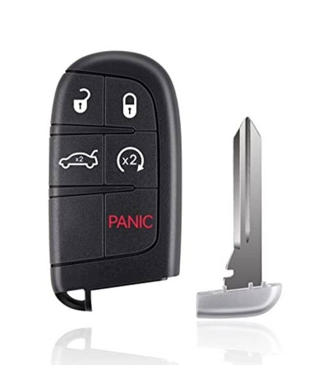 Black remote key fob with lock, unlock, trunk, and panic buttons; spare metal key blade