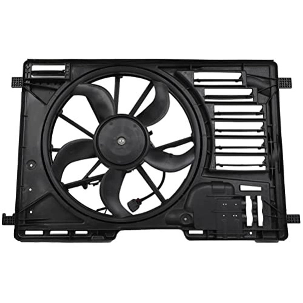 Black radiator fan assembly with cooling fan blade wheel, vent grille, and side mounts