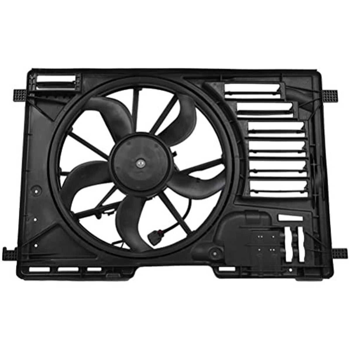 Black radiator fan assembly with cooling fan blade wheel, vent grille, and side mounts