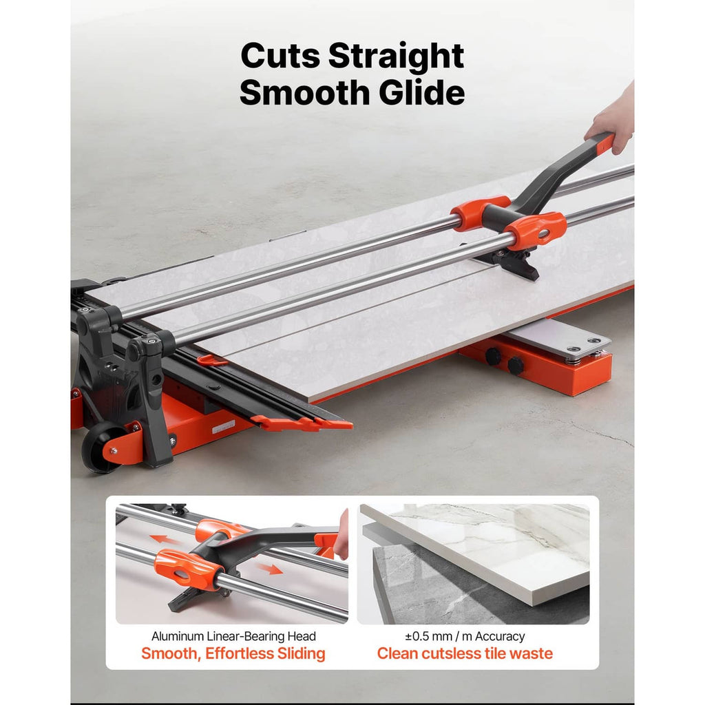 Manual tile cutter cutting straight along two rails on a tile, orange base and handle