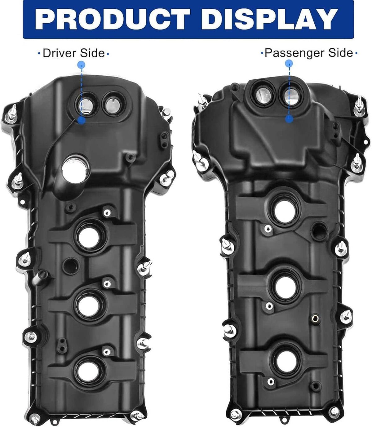 Black driver and passenger side valve covers with round ports and mounting bolts