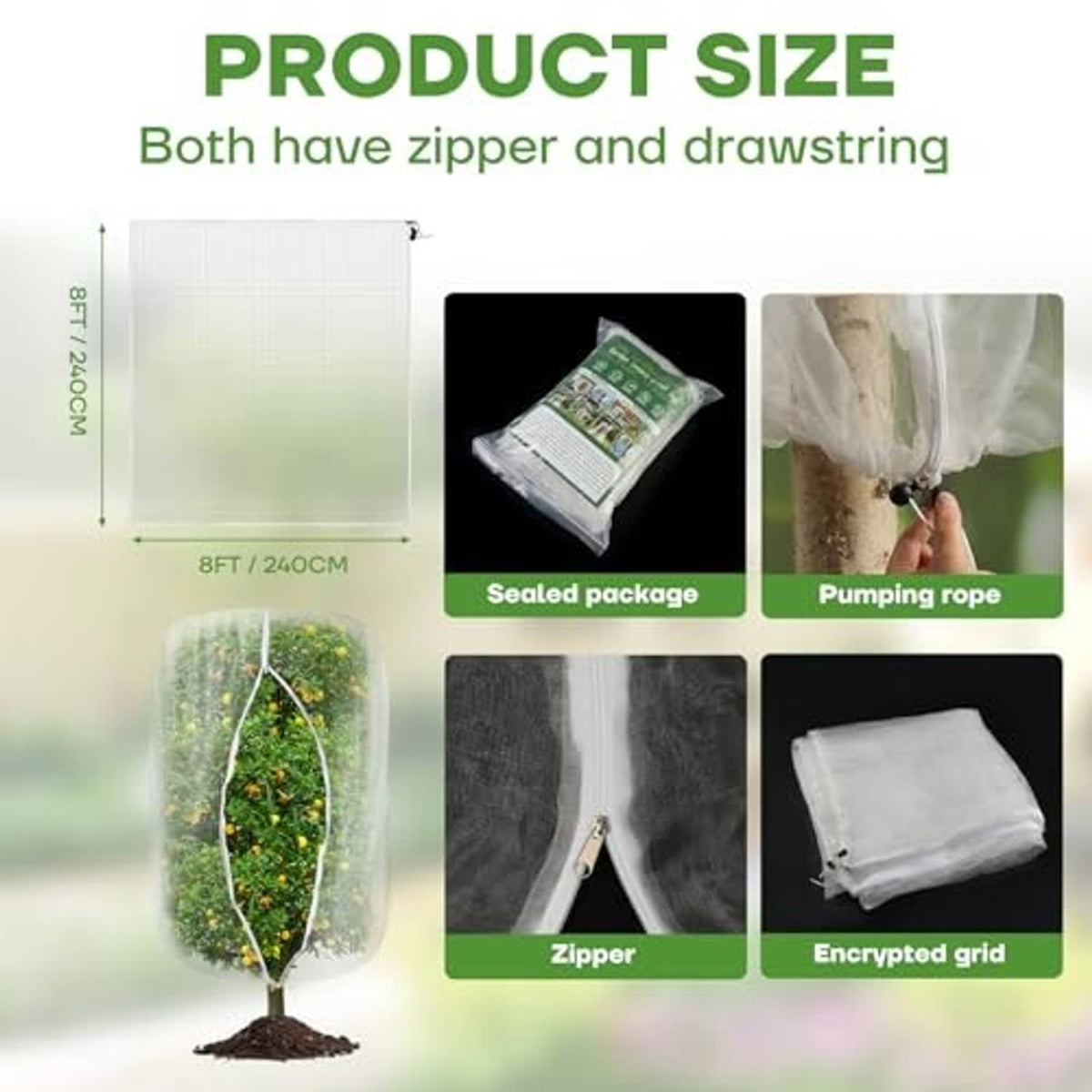 White fruit tree netting cover with zipper and drawstring, shown with setup diagram