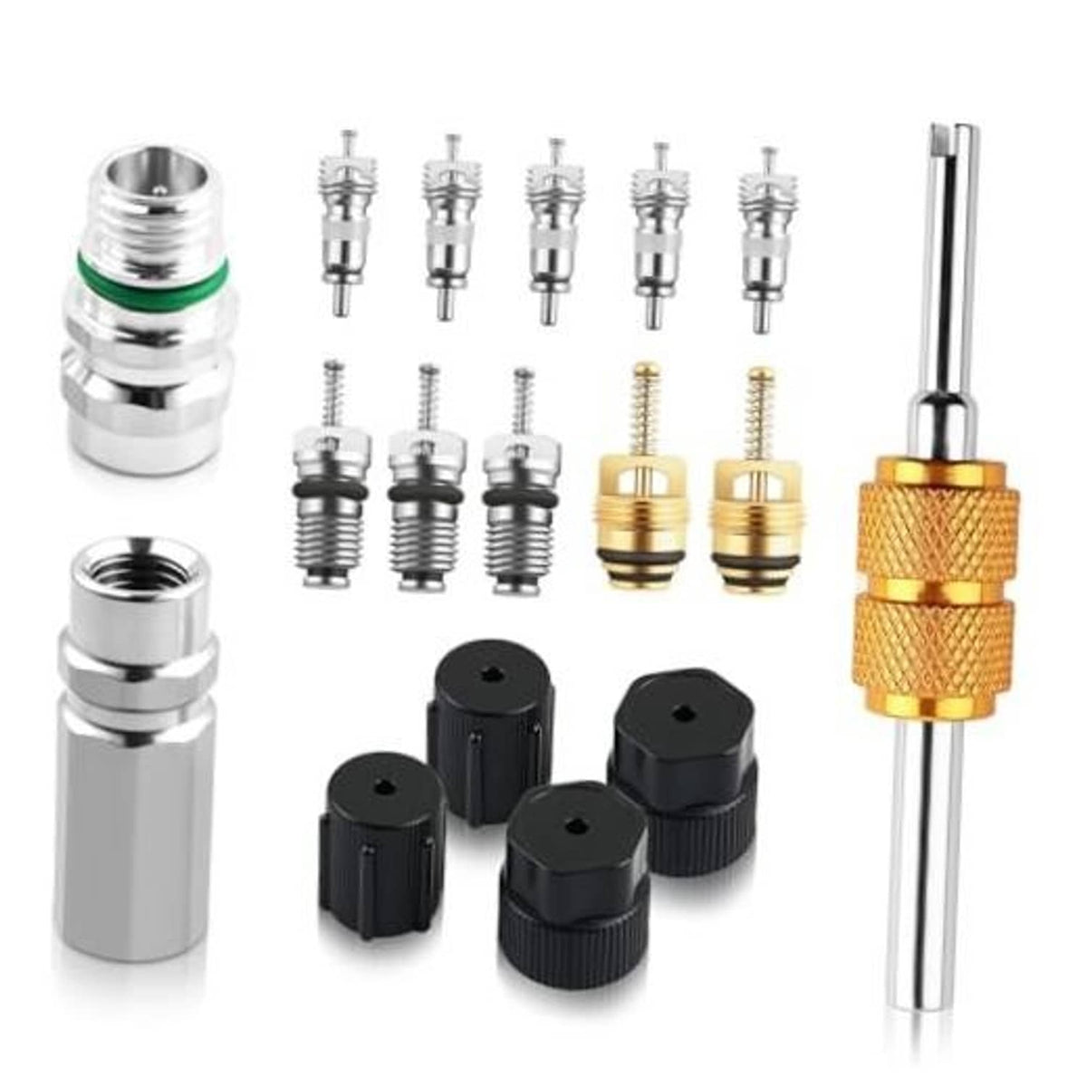 Car AC valve core kit with metal valve cores, black dust caps, and chrome removal tool