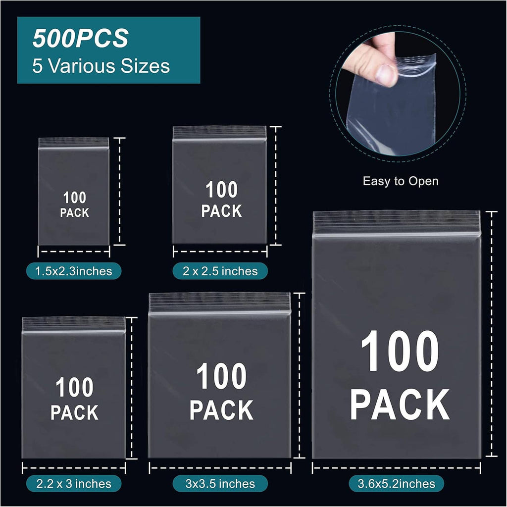 Clear mini plastic jewelry bags, resealable tops, multiple sizes in a pack