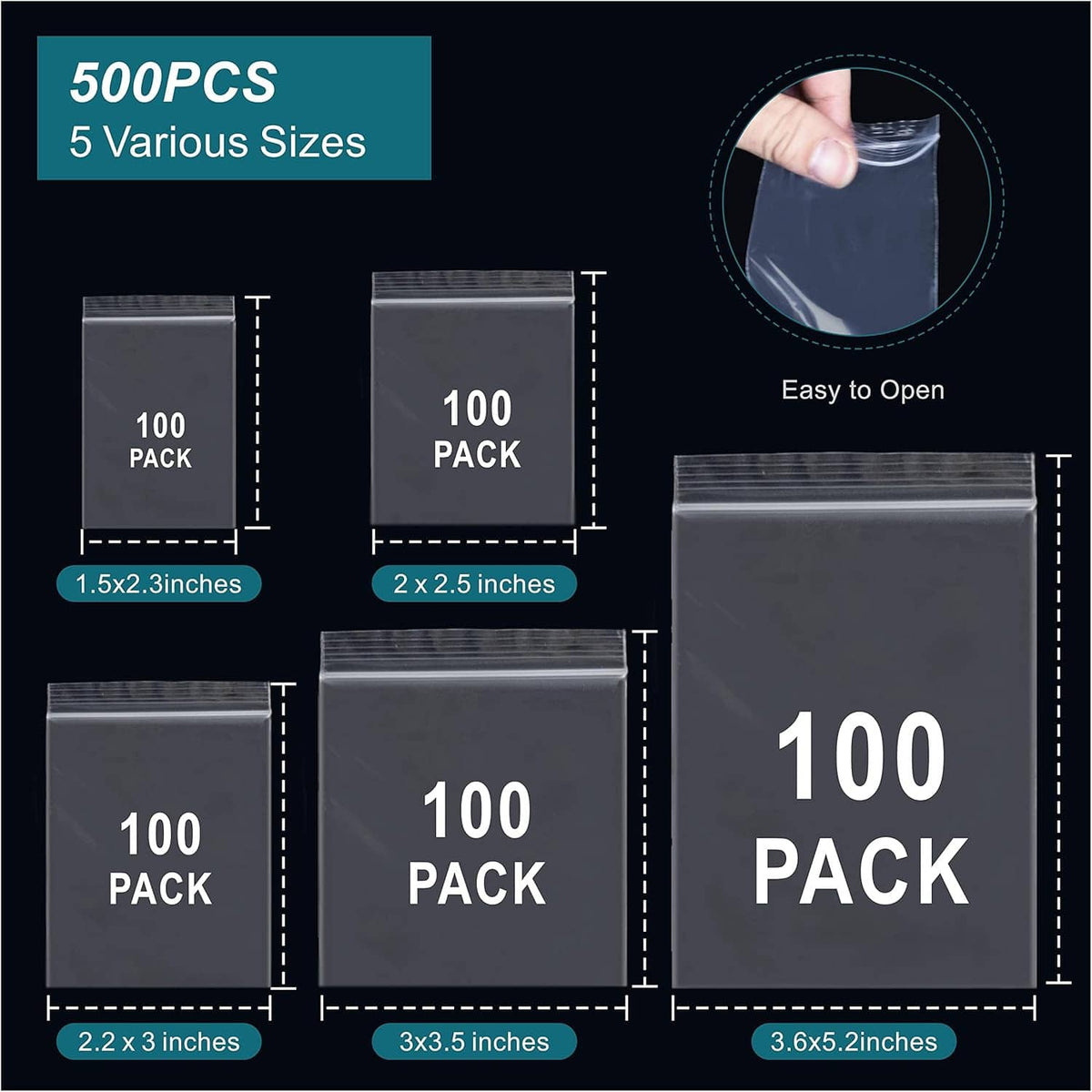 Clear mini plastic jewelry bags, resealable tops, multiple sizes in a pack