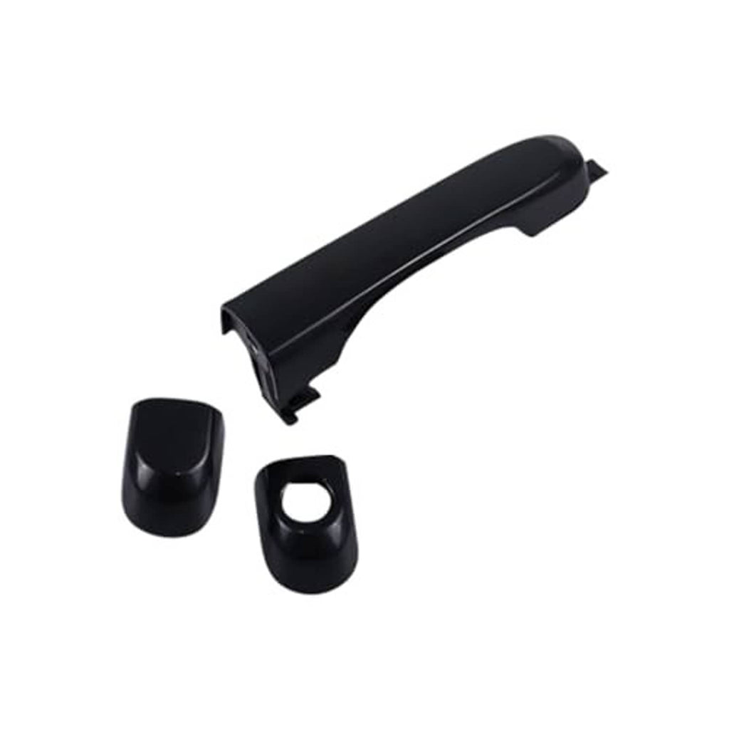 Black exterior door handle with two side mounting caps and retention piece