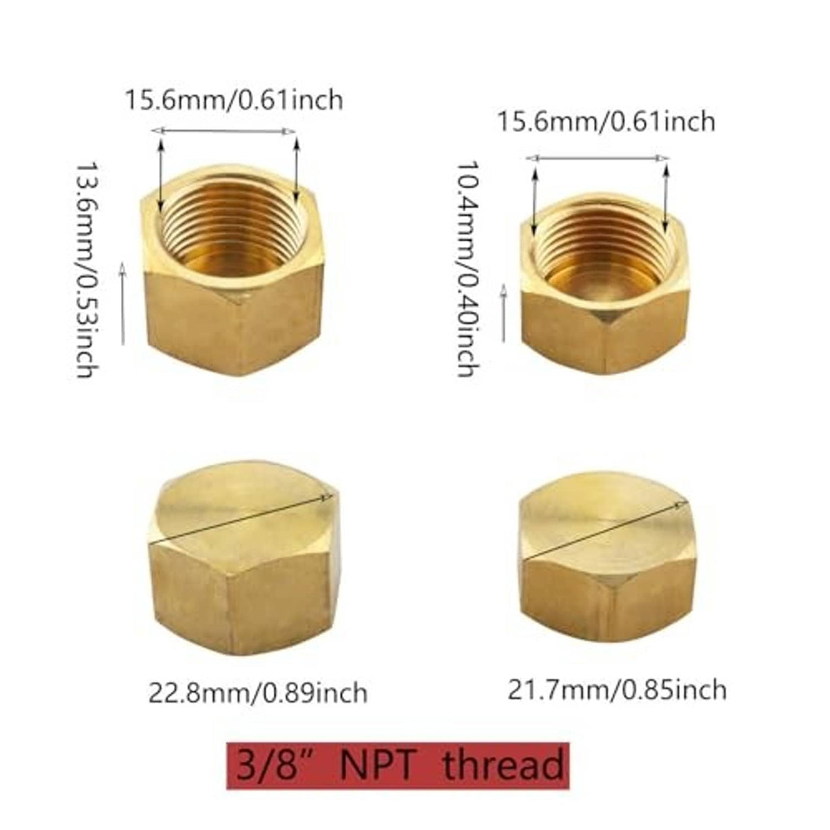Brass hex pipe plug caps showing 3/8 in NPT threads and overall measurements