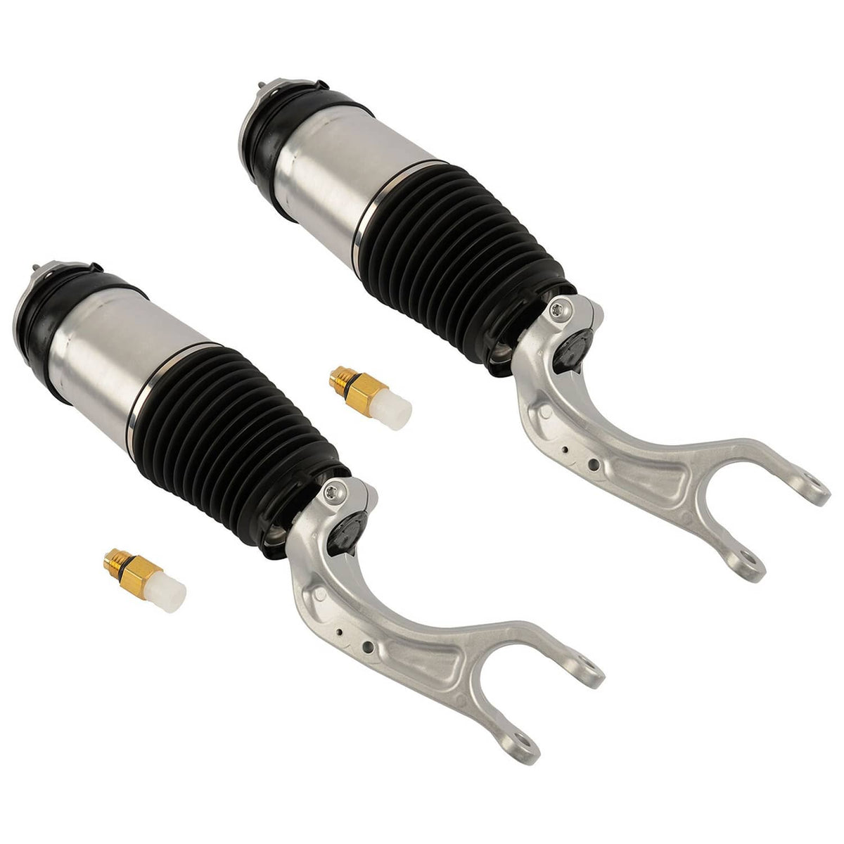 Pair of air strut shocks with silver cylinders and black ribbed bellows, gold valve caps