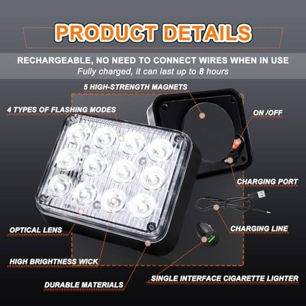 Rechargeable magnetic LED strobe light with clear lens, charging port and cable, white flash