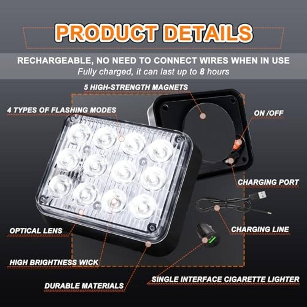 Rechargeable magnetic LED strobe light with clear lens, charging port and cable, white flash