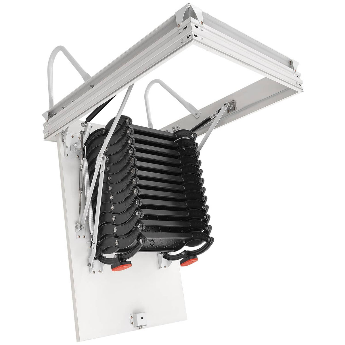 Ceiling-mounted attic stairs open hatch with black folding side rails and springs