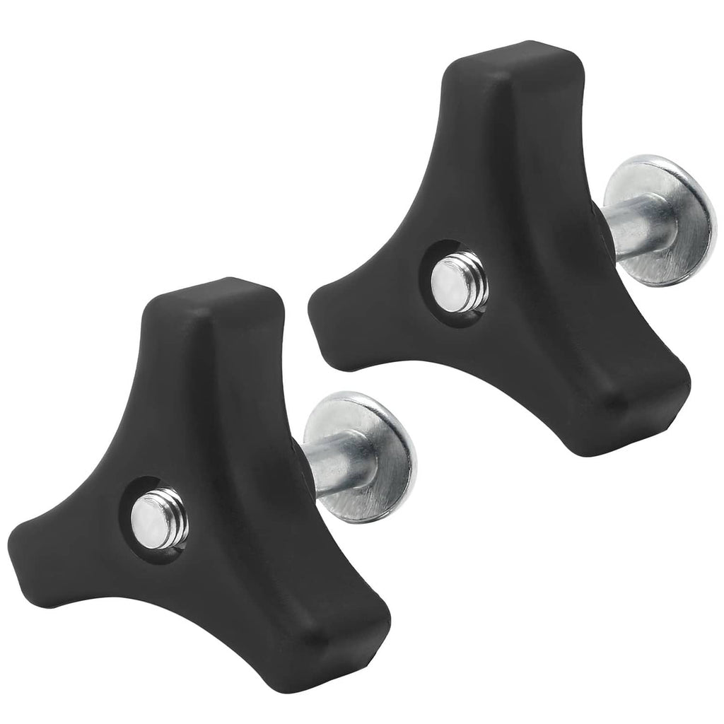 Set of two black triangular lawn mower handle knobs with metal screw bolts and nuts