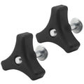 Set of two black triangular lawn mower handle knobs with metal screw bolts and nuts