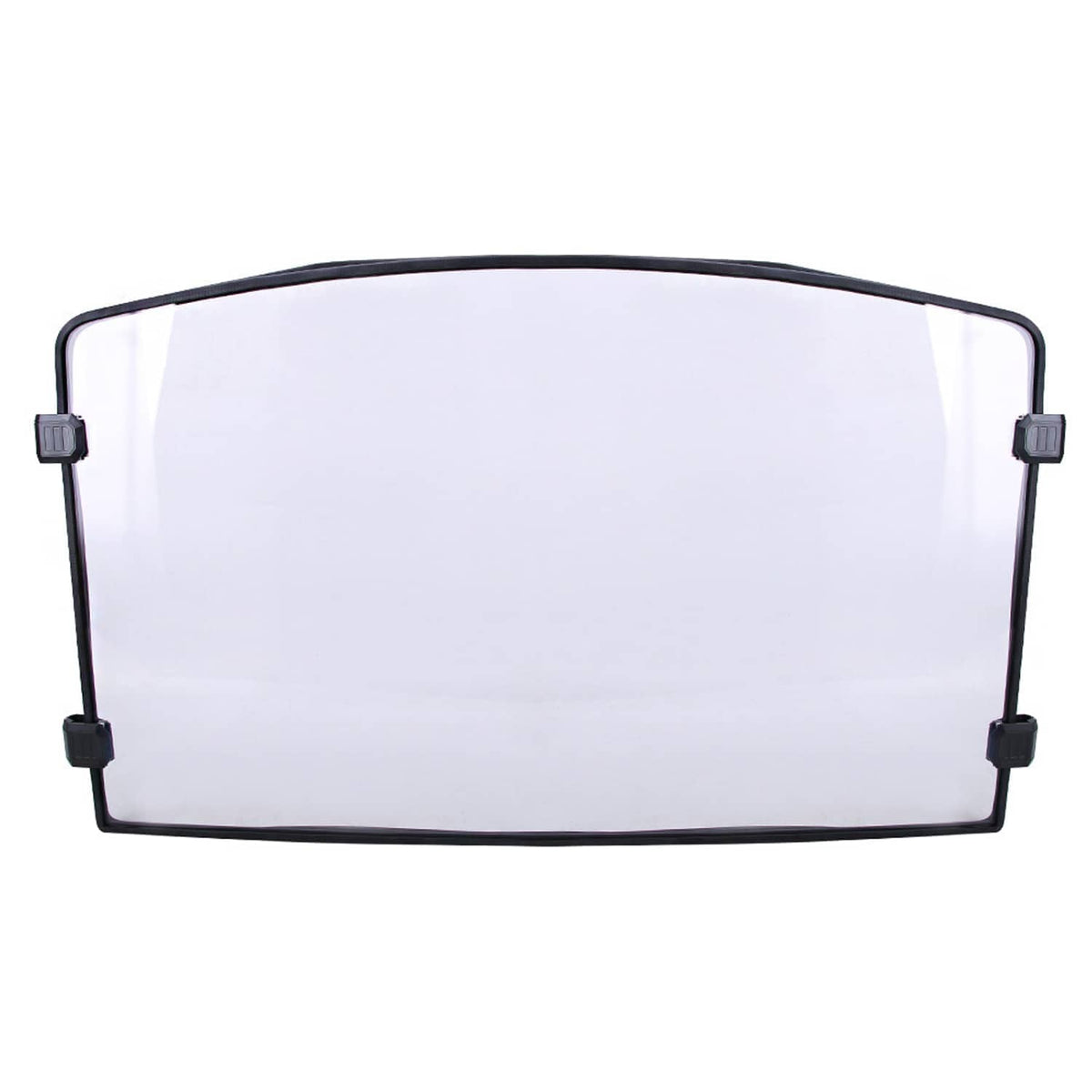 Clear UTV front windshield with black outline frame and corner mounting blocks