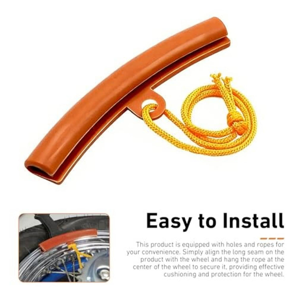 Orange rim protector bar with yellow rope loop and wheel mounting holes