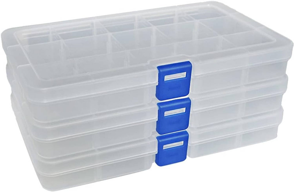 Clear plastic organizer storage box with blue latch and grid-style interior compartments