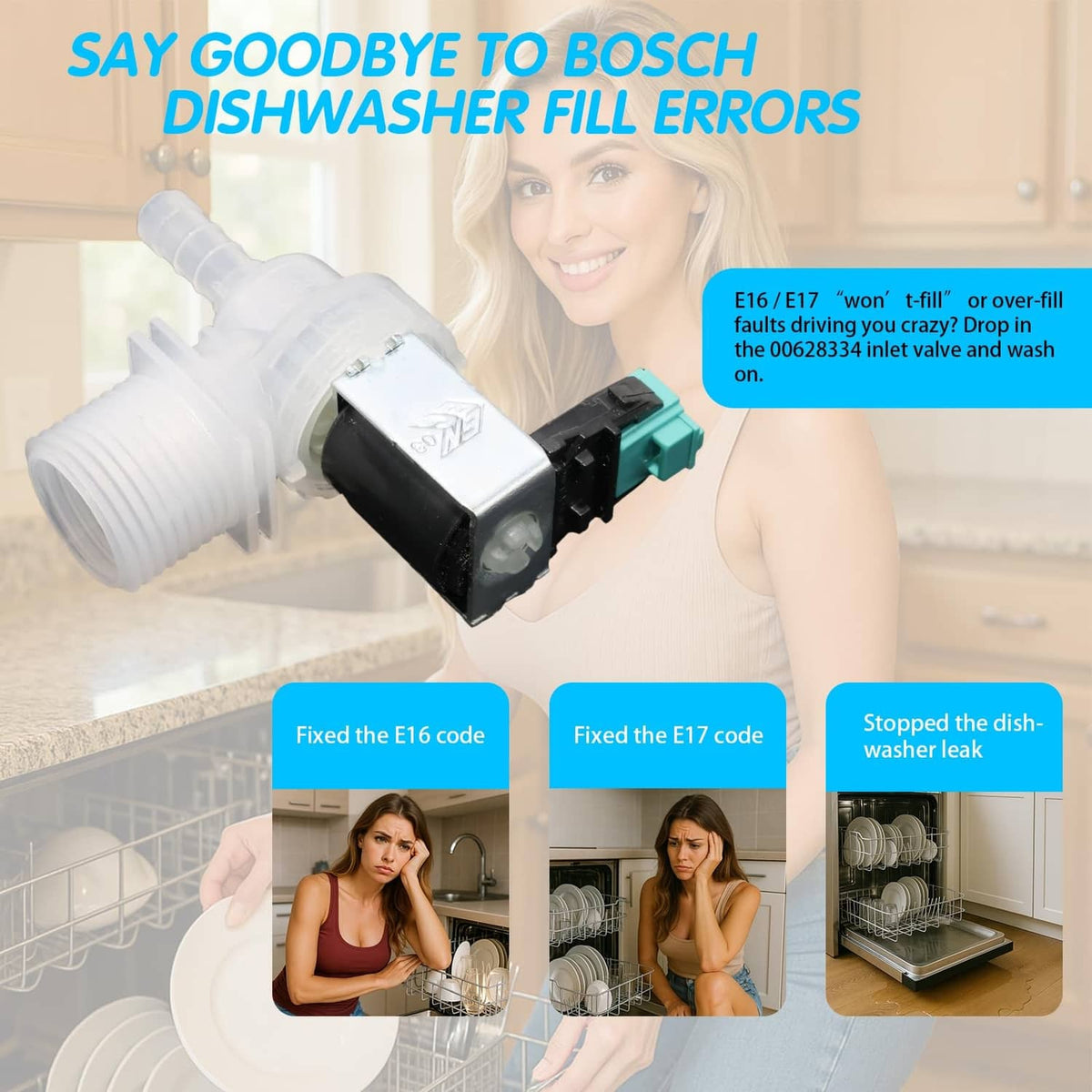 Dishwasher water inlet valve with translucent tubing, teal plug, and black module