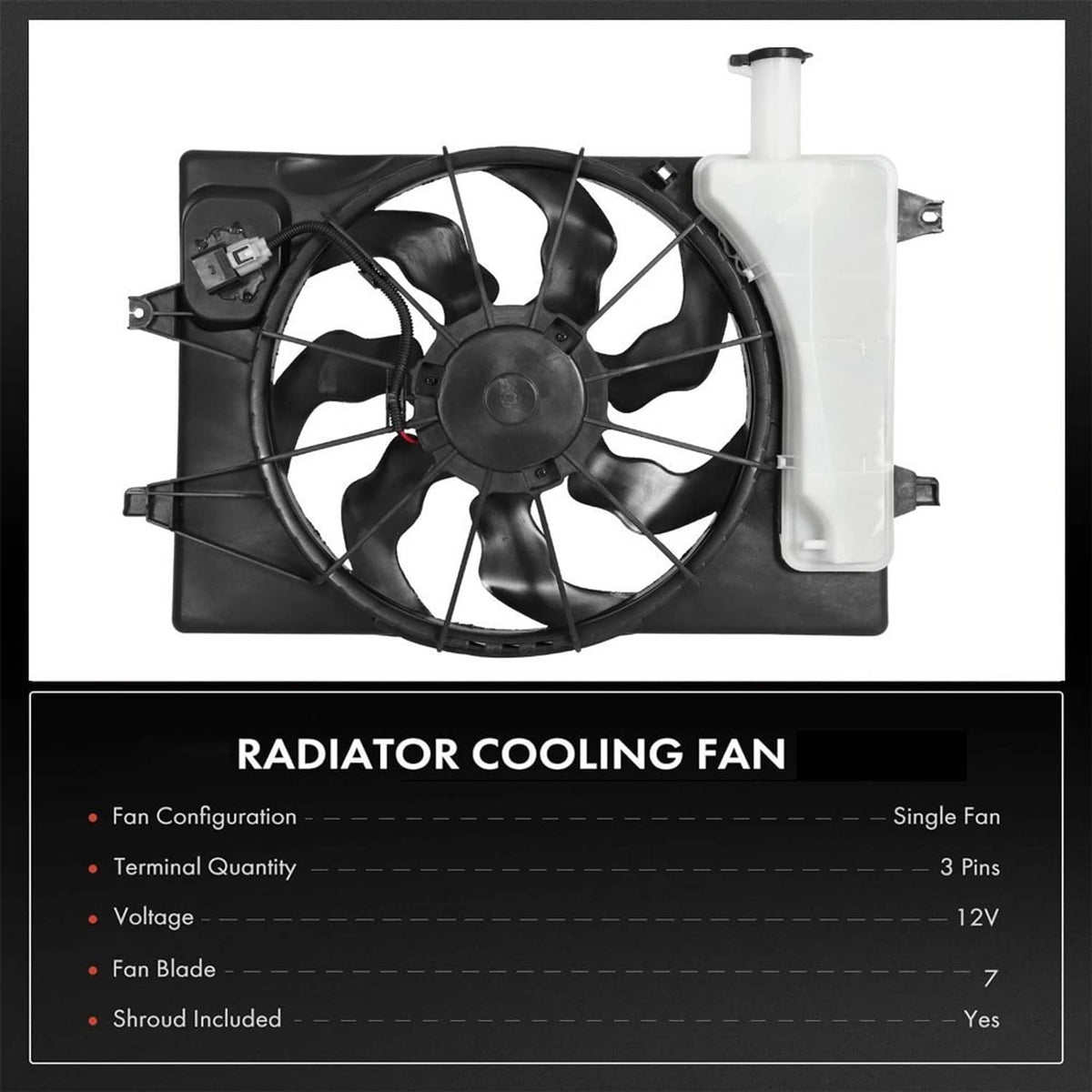 Radiator cooling fan assembly with black fan shroud and white reservoir on the right side