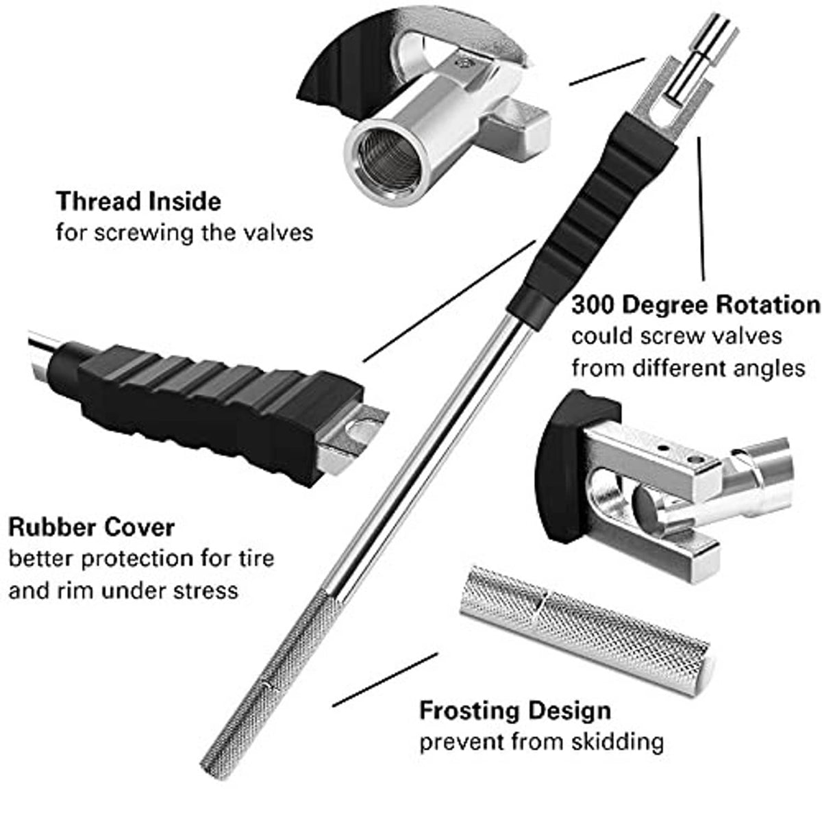 Valve stem puller/installer with black rubber cover and metal threaded ends.