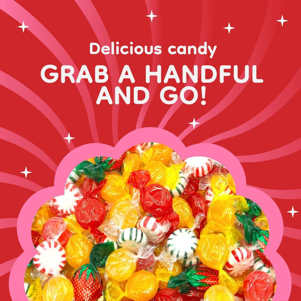 Assorted wrapped hard candies in red and yellow with striped mint candies