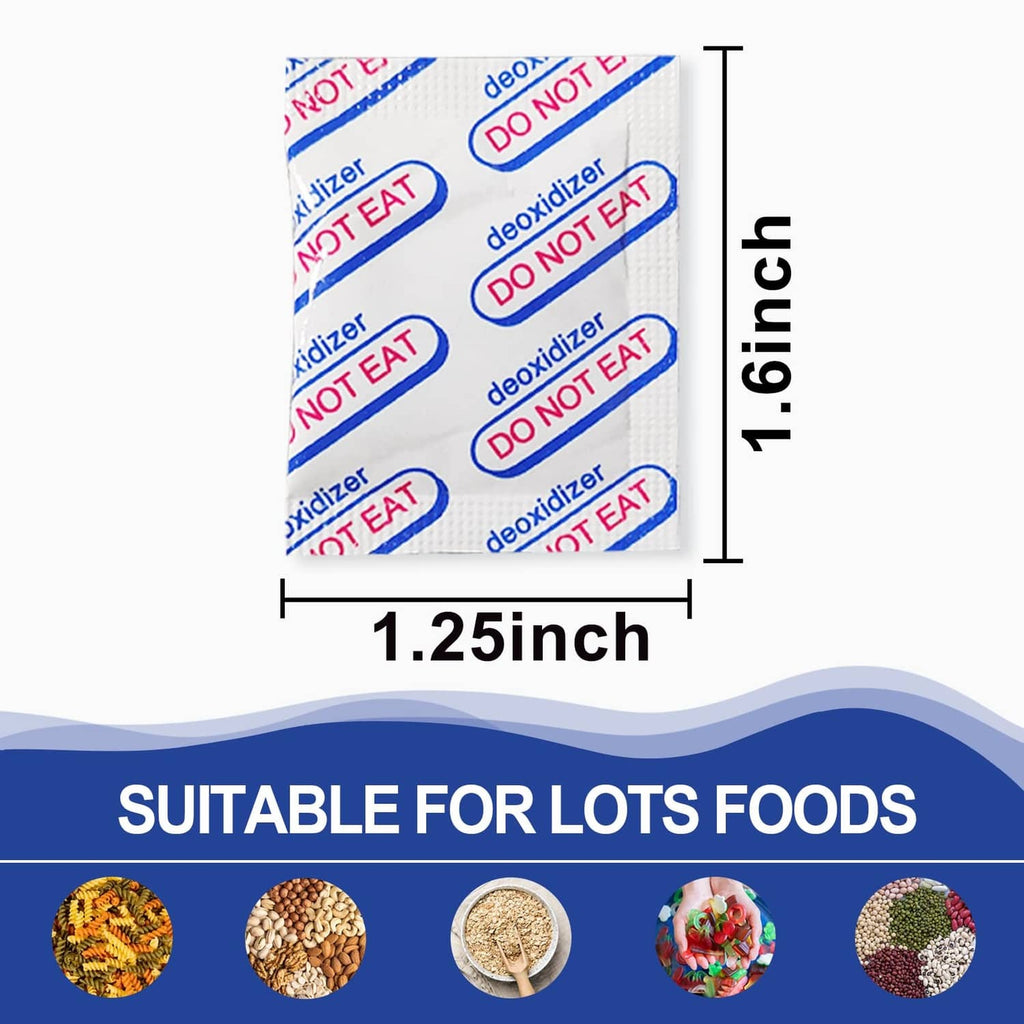 1.25-inch oxygen absorber sachet, blue foil with red "do not eat" markings