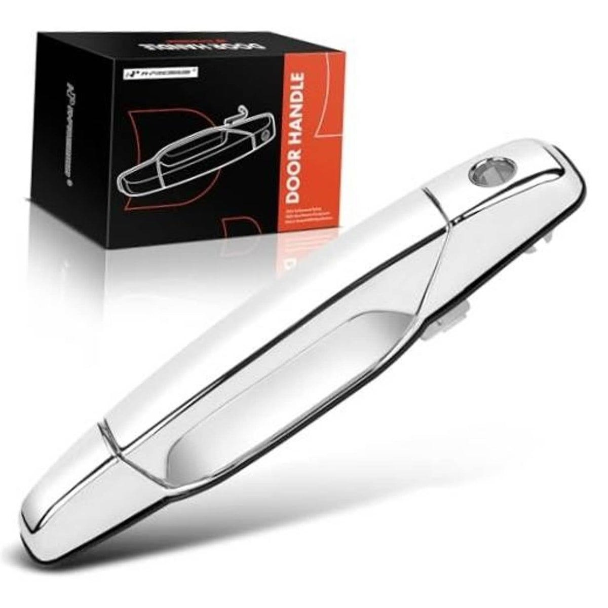 Front left exterior chrome door handle, silver ABS with oval finger recess.