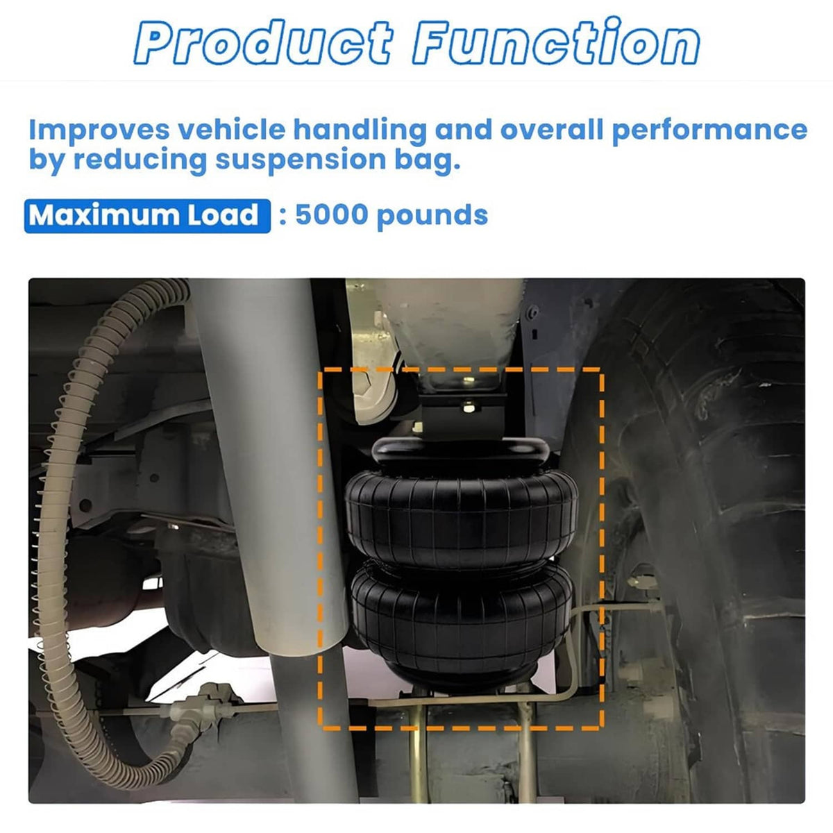 Black double air suspension bags mounted under a vehicle frame, side cutaway view