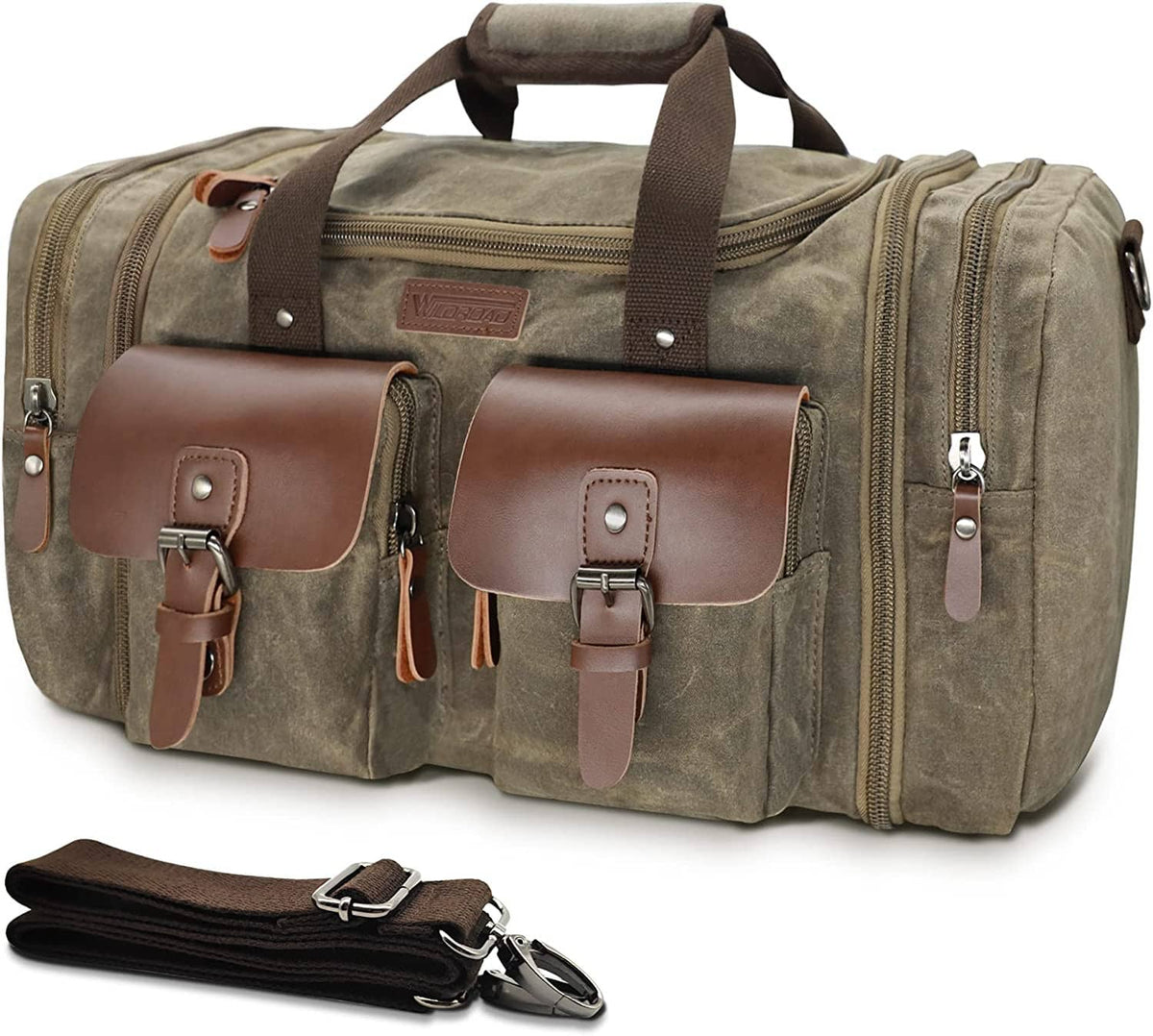 Olive waxed canvas duffel bag with tan leather straps, front pockets, and double zips